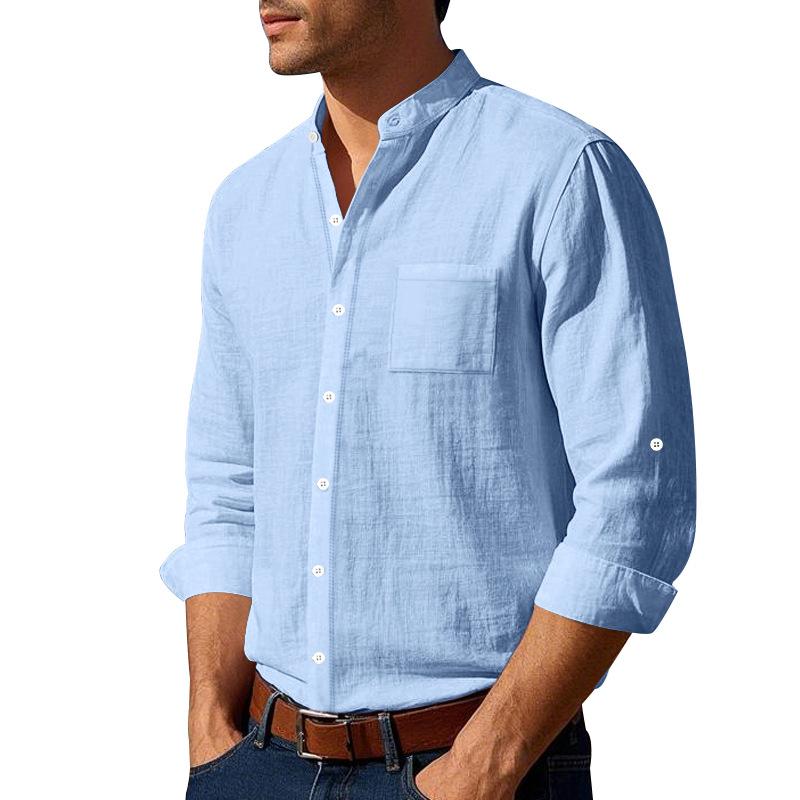 Spring Autumn Fashion Stand Collar Shirt For Men Vintage Solid Color Breathable Linen Tops Mens Clothes Casual Long Sleeve Shirt