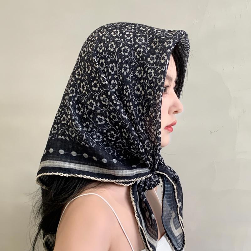 Floral cotton-linen large square scarf, silk scarf women's strapless scarf, sun-protection headscarf, vintage high-end style INS shawl, 91x91