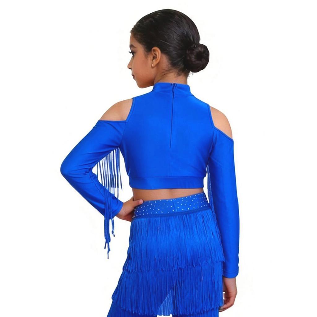 Girls Latin Dance Tops Tassels Long Sleeves Back Invisible Zipper Shiny Rhinestones Crop Top