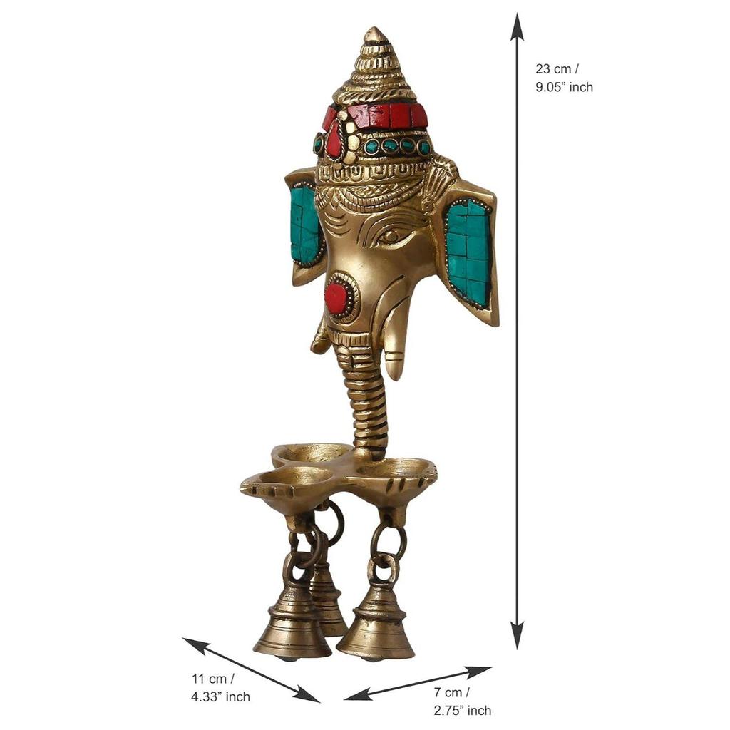 Golden & Colorful Stone Work Handcrafted Lord Ganesha Wall Hanging Brass Diya of 3 Wicks with 3 Bells - Designer Diya, Deepam for Home