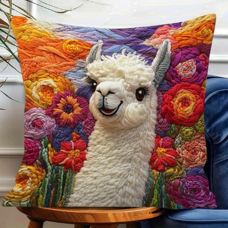 

Piece Llama Floral Theme Cushion Cover Zipper Style Comfortable Bedroom Home Decor 45cmx45cm