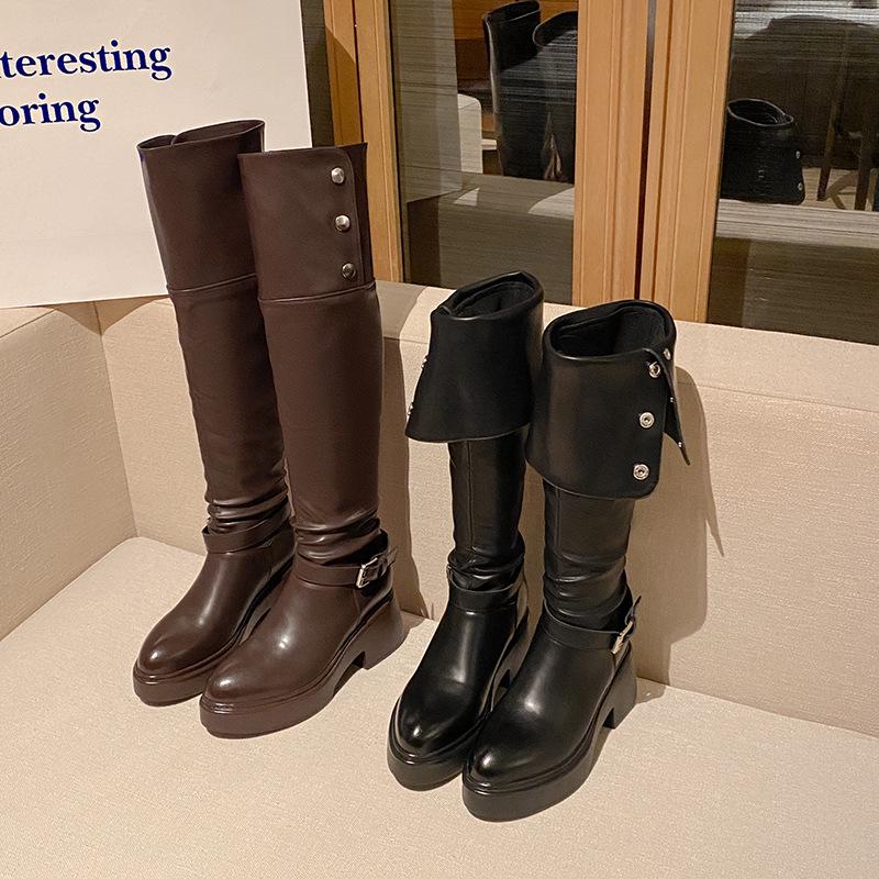 Women's Chunky Heel Over-the-Knee Slouchy Boots with Buckle and Fold-Down Collar