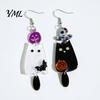 Asymmetrical Pumpkin Bat Jewelry 1 Pair Acrylic Halloween Earrings, Black White Ghost Drop Dangle Earrings with Cat Witch Hat Pumpkin, Gothic