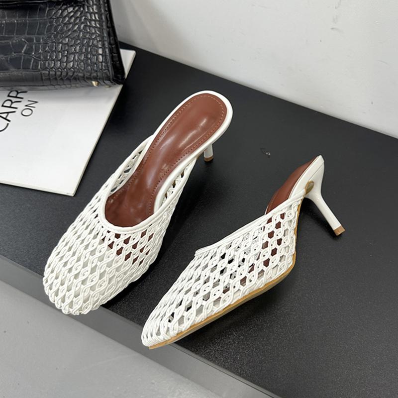 

Модные SUOJIALUN 2025 Новые брендовые женские тапочки Дамские элегантные с круглым носком Слипоны Мюли Обувь Модная плетеная Тонкий высокий каблук Уличные нарядные сандалии 35 белый