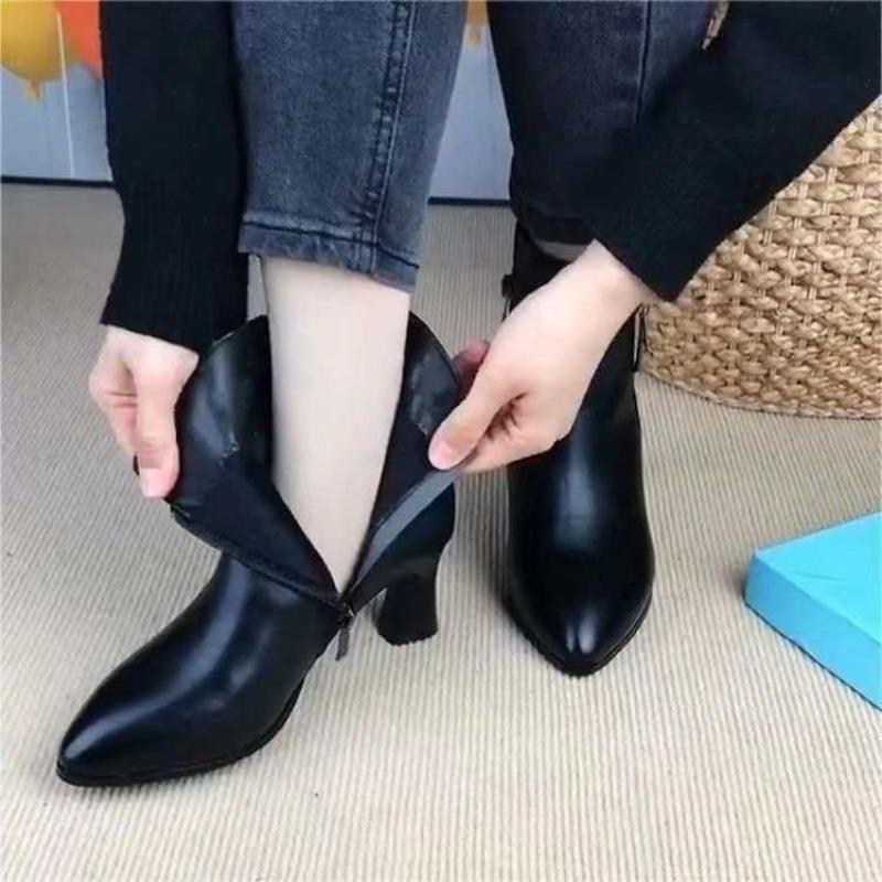 Autumn and Winter New Women's Soft Leather Cold-proof Warm Boots Thick Heel Temperament Thin Velvet Versatile and Ankle Boots Women's Boots