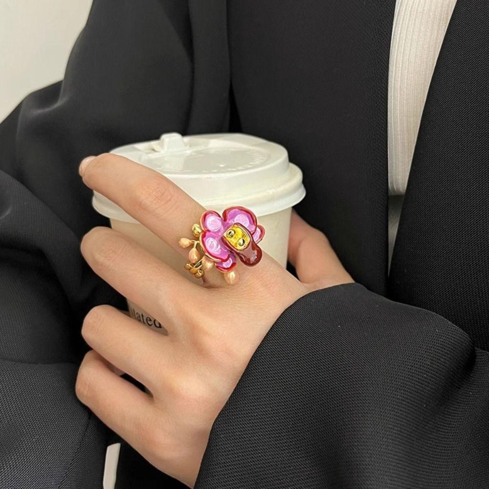 White Iris Flower Enamel Finger Ring Sweet French Irregular Ring Drip Oil Flower Ring  Girls