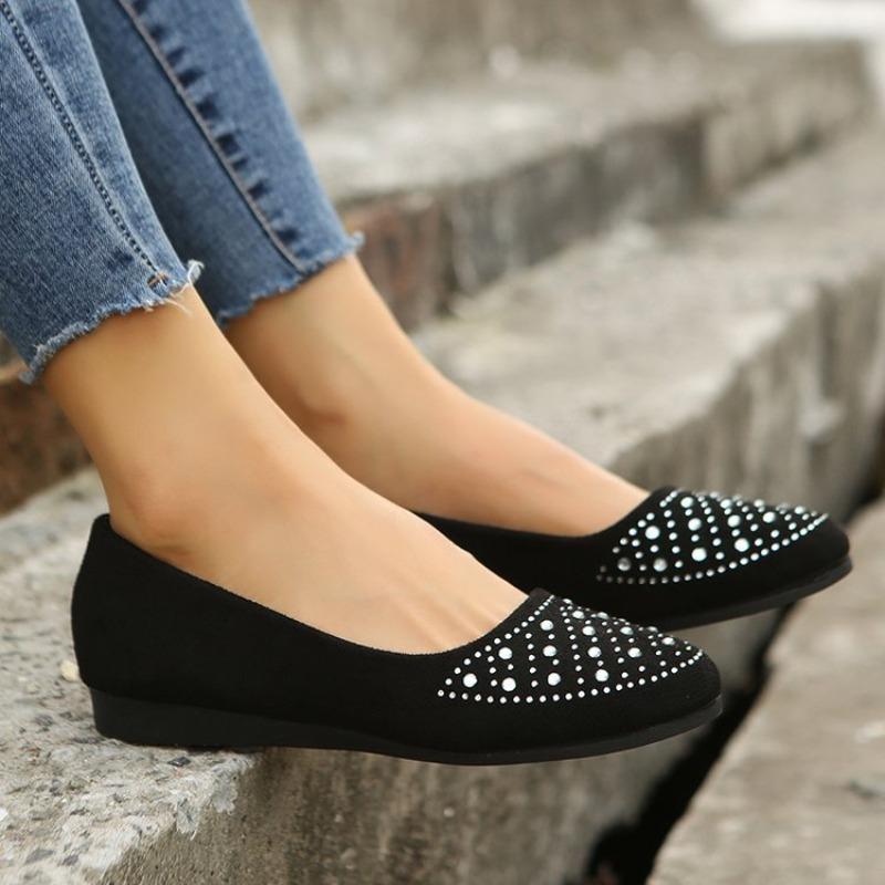 Women's Suede Round Toe Rhinestone Flats, Casual Plus Size Loafers