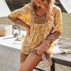Women's Long Sleeve V-Neck Lace-Up Bohemian Print Dress