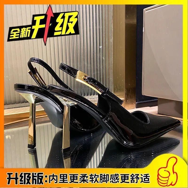 High heels women's summer new hollow black pointed temperament small gold heel patent leather bag head thin heel sandals