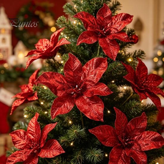 Christmas Flower Ornament Artificial Poinsettia with Stem, Glitter Faux for Seasonal Floral Decor Party, Red Xmas Tree, Wreath Decoration Layered