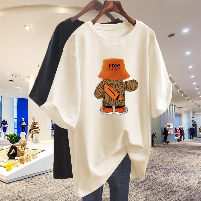 

абрикосовая футболка с коротким рукавом женская средней длины и удлиненная прикрывающая ягодицы 2025 лето новая европейская свободная большая версия топ тренд S