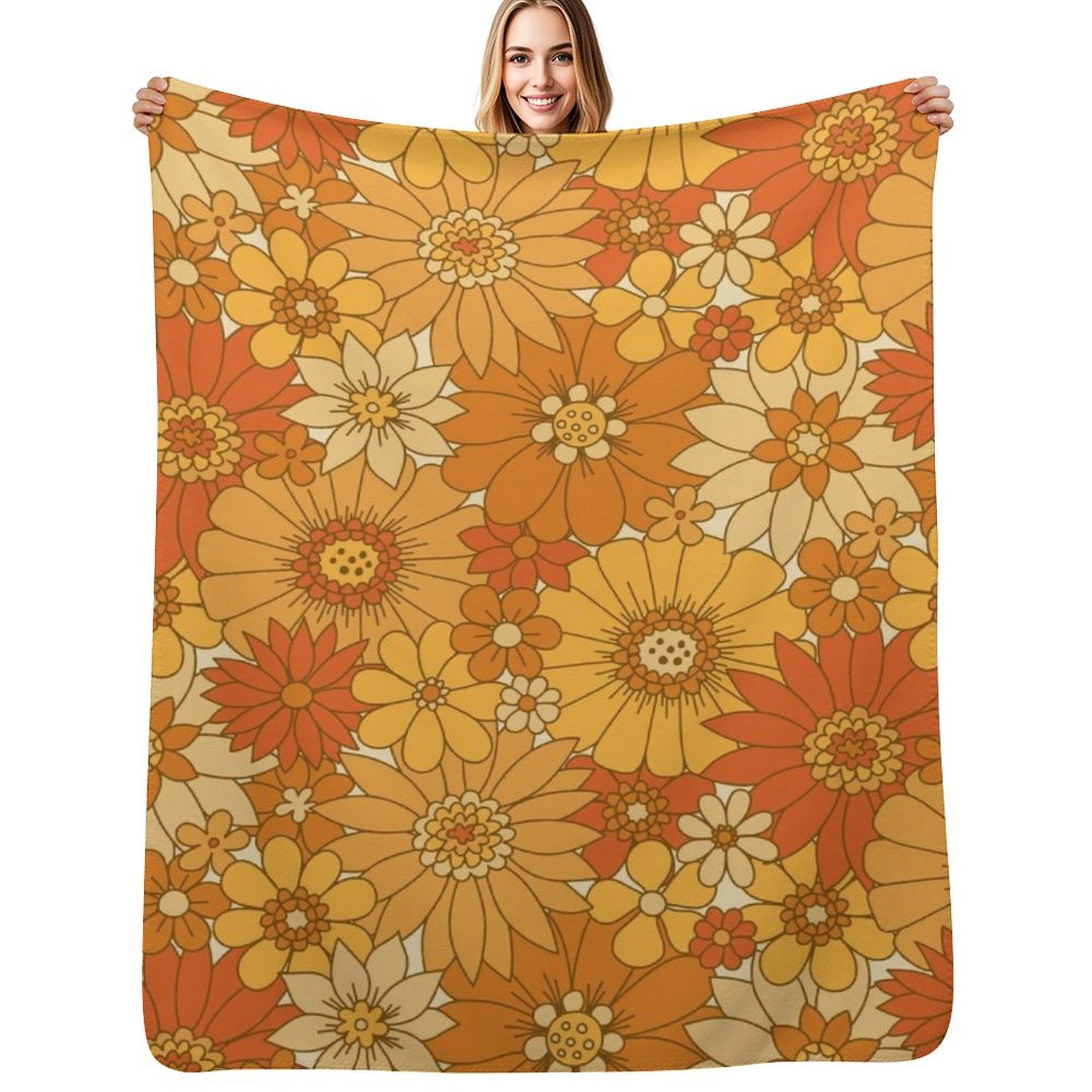 70s Retro Daisy Floral - Harvest Throw Blanket Lightweight Warm Blanket for Indoor Outdoor Use Size: 75*100cm, Weight: 230 GSM