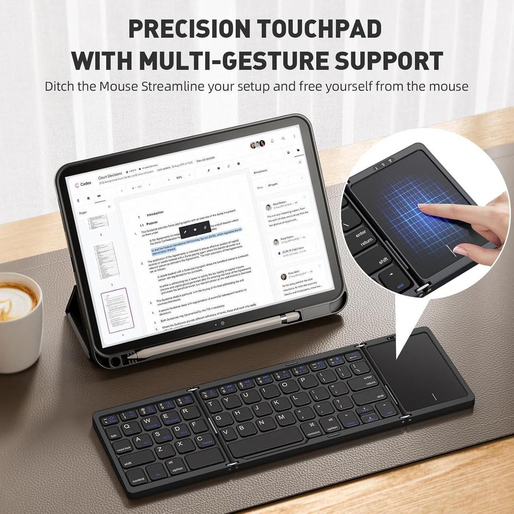 Tri-Fold Bluetooth Keyboard with Touchscreen for iPad & Laptop Business Use - Portable & Rechargeable.