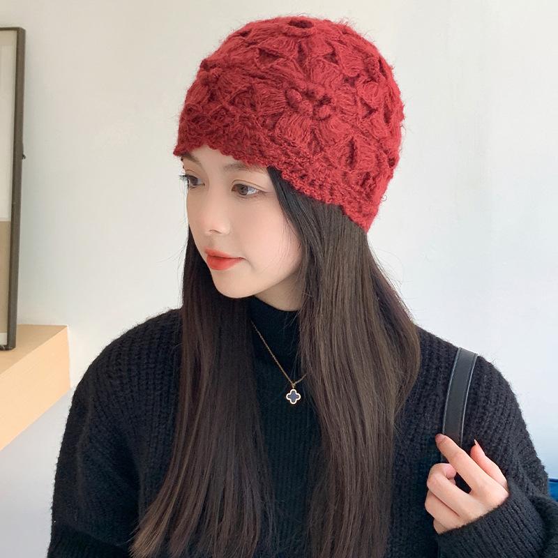 Wool Hat Women's Autumn and Winter New Warm Bag Head Confinement Hat Fashionable Trendy Hollow Handmade Knitted Hat