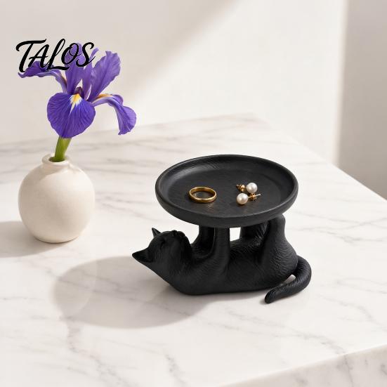 Talos 3D Printed Reclining Cat Jewelry Tray, Cute Ring Holder & Earring Organizer Dish for Dresser Vanity, Decorative Kitten Trinket Bracelets