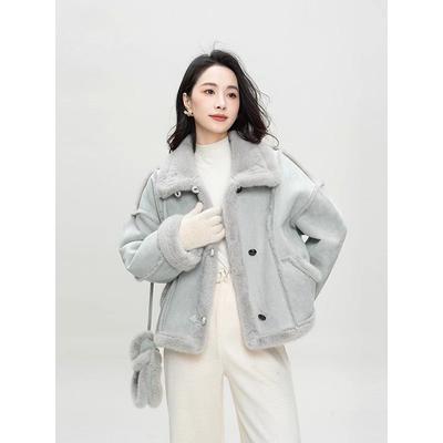 Winter Lockere Genähte Freizeitjacke für Zierliche Frauen Blau Verdicktes Pelzdesign Stehkragen Oberbekleidung