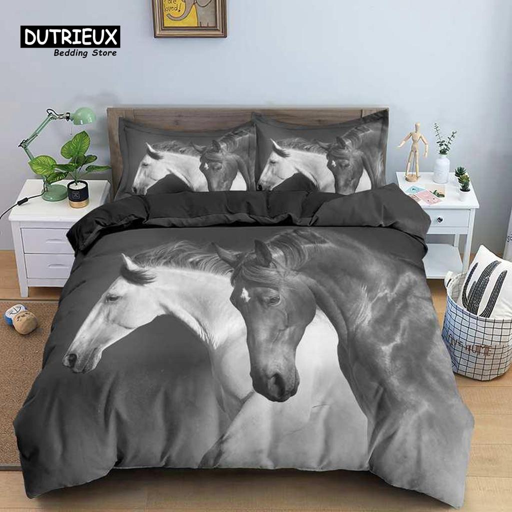 Horse Duvet Cover 3D Steed Farm Animal Comforter Cover Polyester Exotic Style Western Cowboys Bedding Set Twin For Kids Boy Teen