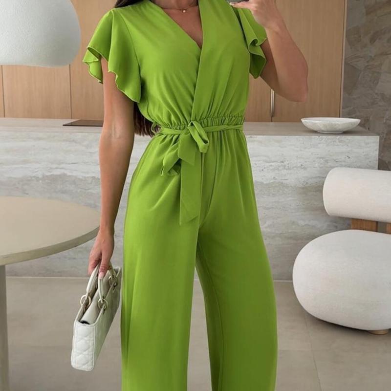 

Большое количество в наличии новый V-образный вырез на шнуровке летний цельный комбинезон женский элегантный для работы универсальный 8066 2XL зелёный