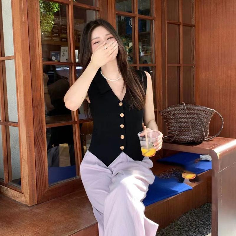 French Temperament V-Neck Single Breasted Sleeveless Slim Knitted Vest For Women