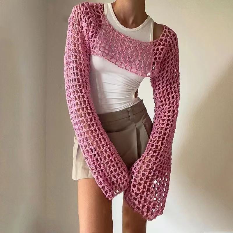 Girls' Spring/Summer/Autumn Festival Trendy Style Simple Casual Short Hollow Knitted Sweater Hoodie