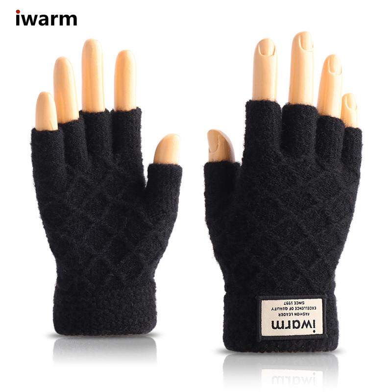 iwarm loves warmth, winter half-finger cashmere gloves, cold-proof and warm jacquard for men and women, piled thickened knitted gloves