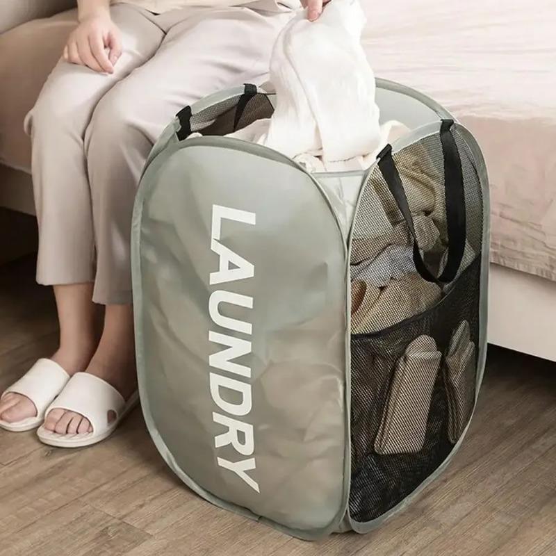 Portable Mesh Pop Up Laundry Hamper Wide Opening Breathable Collapsible Space-Saving Laundry Basket