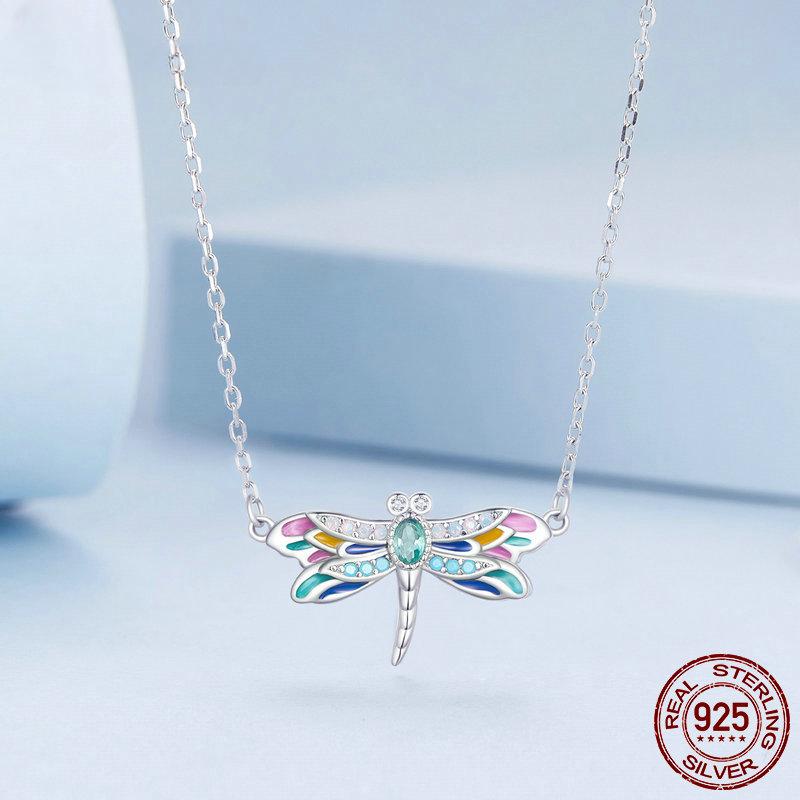 Colier cu pandantiv cu libelule smalț colorat din argint S925, lanț delicat pentru gât de insecte pentru femei, cadou de Ziua Îndrăgostiților