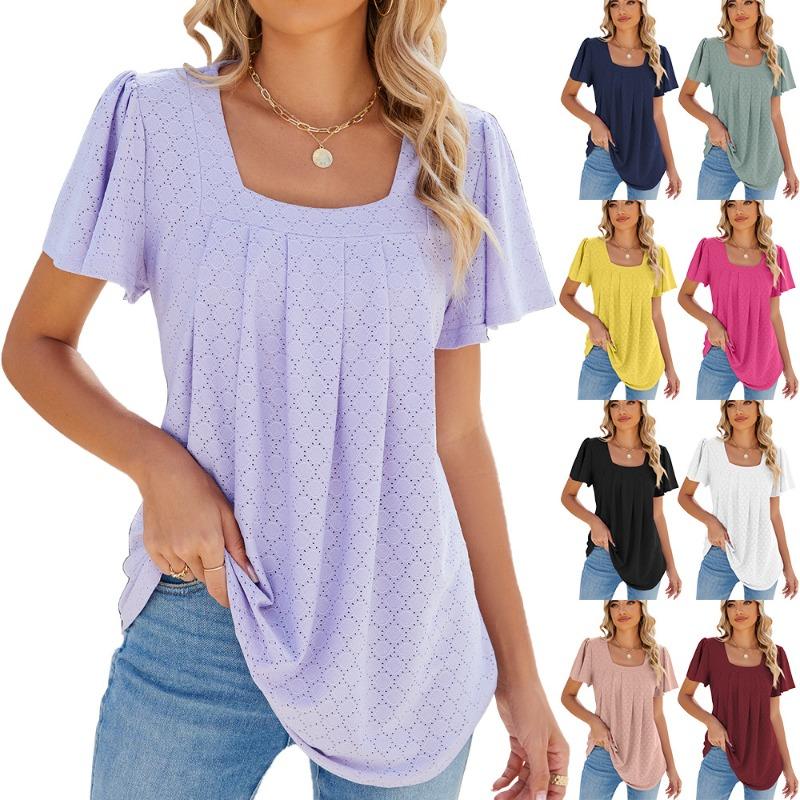 Spring Summer Solid Color Square Neck Pleated Short Sleeved Loose T-shirt Top for Women Shirt