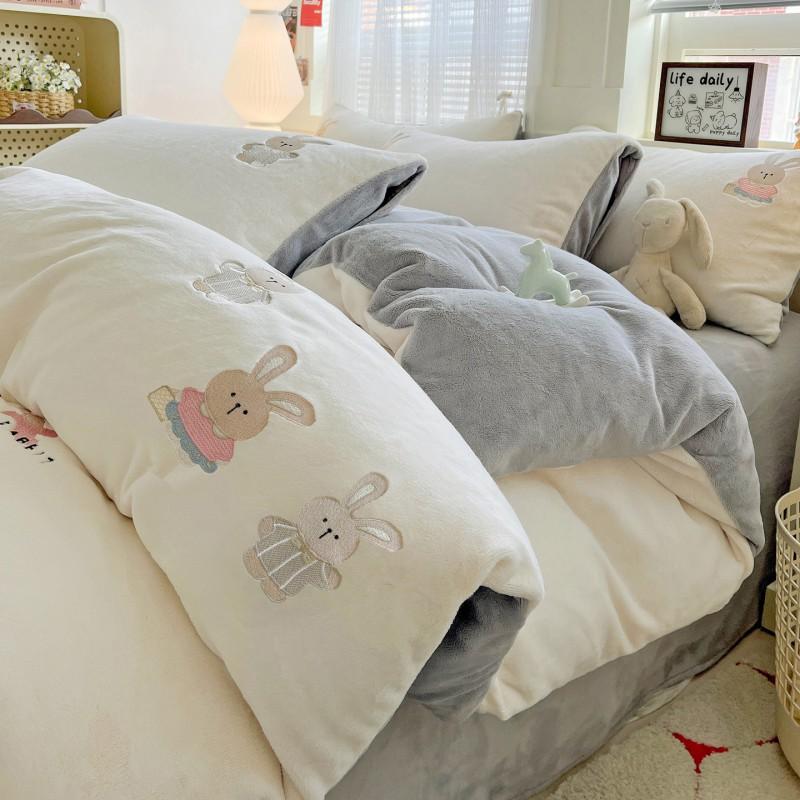 Ins Cute Cartoon Milk Fleece Bedding Set Winter Flannel Duvet Cover Sheet
