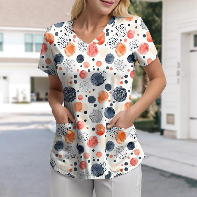 

Colorful Tee Shirts For Women V Neck Short Sleeved Printed Tops With Pockets Workwear Tshirt Casual Loose Top For Woman Trendy S