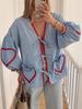 2026 Spring/Summer European Lantern Sleeve Heart Plaid Shirt with Lace Patchwork