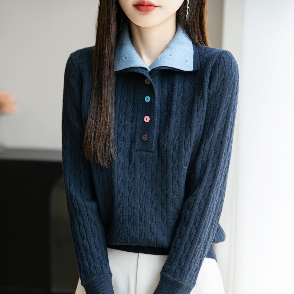 A High-end Retro Twisted Knit Sweater for Women's Autumn and Winter A New Double-collar and Half-open Neck Sweater