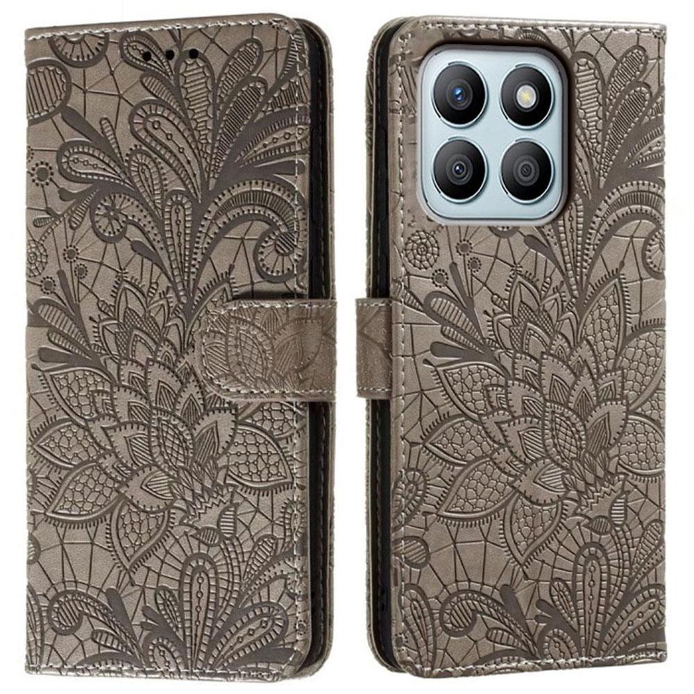 

For Honor X8b 4G Case Lace Flowers PU Leather Flip Wallet Phone Cover Grey