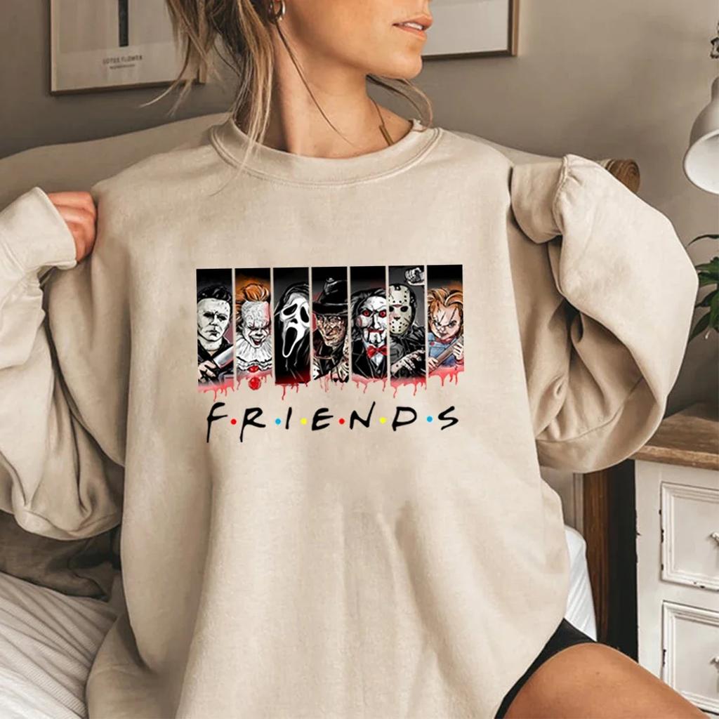 Friends Halloween Sweatshirt Horror Movie Hoodie Horror Movie Killers Sweatshirt Spooky Season Pullover Women Graphic Hoodies