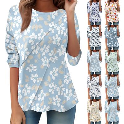 Damen Locker Lässig Langarm Oberteil Rundhals Knopf Pull Streifendruck T-Shirt