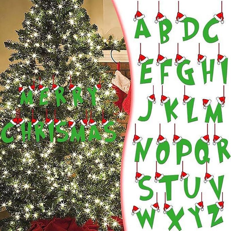 Green Elf Style 26 Letters Christmas Tree Hanging Ornaments DIY Craft Gift Tag Merry Christmas Decoration for Home 2026 New Year
