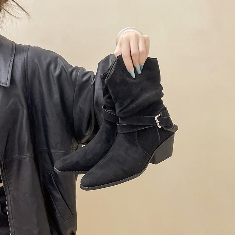 Thick Heel Wide Boots Western Boots High Heel Martin Boots Pointed Suede Belt Buckle Medium Boots Women's Autumn and Winter European and American R
