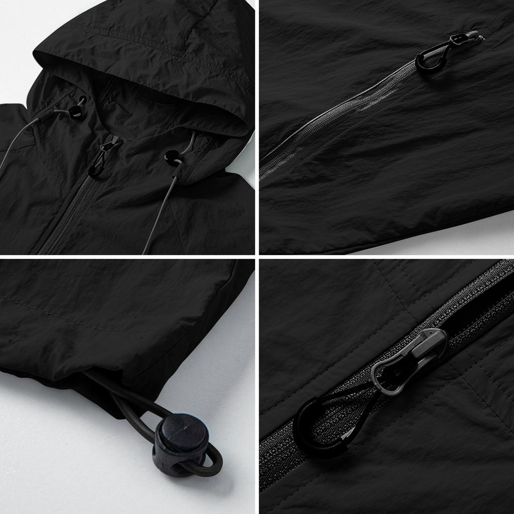Men's Lightweight Hooded Sun Protection Jacket UV Resistant Outdoor Windbreaker with Zipper Pockets and Adjustable Drawstrings for Travel