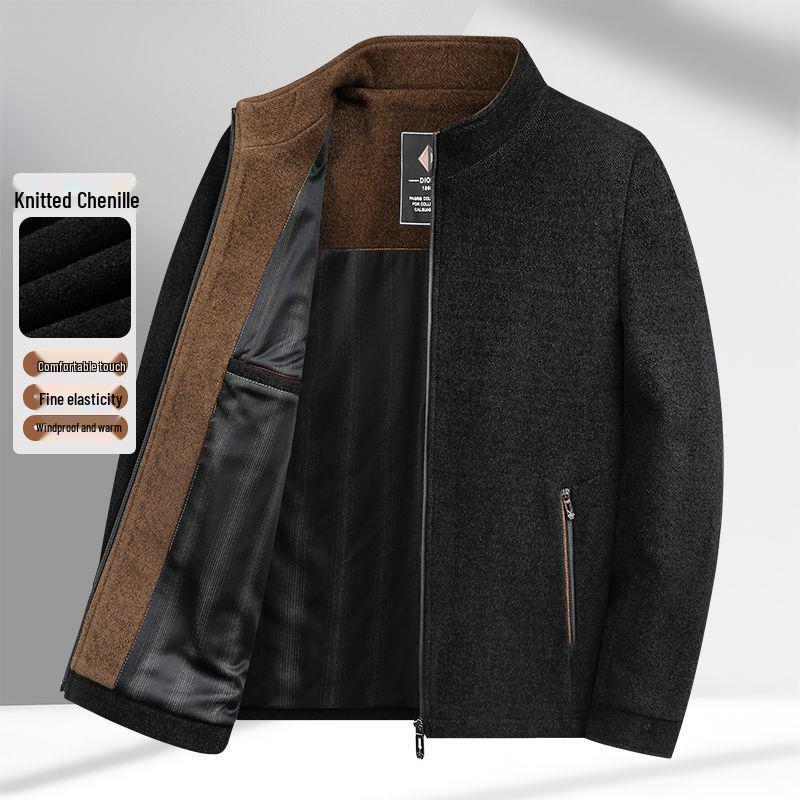 Chenille Stand-Collar Jacket for Men - Mid-Length, Loose Fit, Spring/Autumn Style for Middle-Aged and Elderly