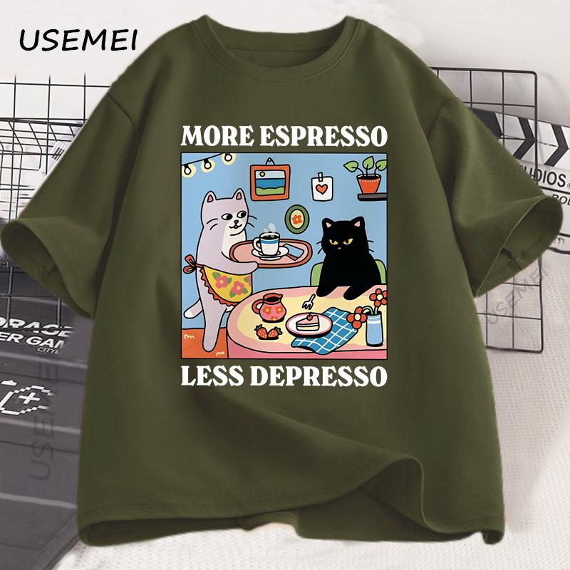 Więcej Espresso Mniej Depresji Czarny Kot Koszulka Unisex Damska Zabawna Kawa Kot Koszulka Casual Letnia Bawełniana Krótki Rękaw Koszulka Top