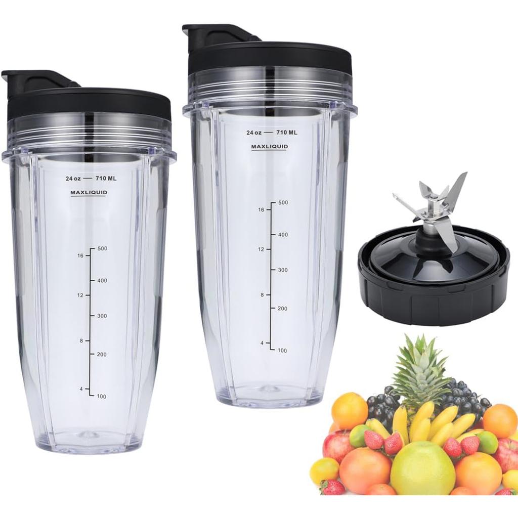 24oz Blender Cups and 7 Fins Blade for Ninja Nutri Replacement Cups with Sip and Seal Lids Perfect Fit for BL480