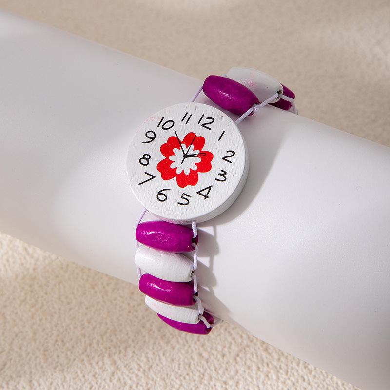 Cute Cartoon Children'S Colorful Bracelet Wood Watch Shape Bracelet Wood Painted Flower Bracelet
