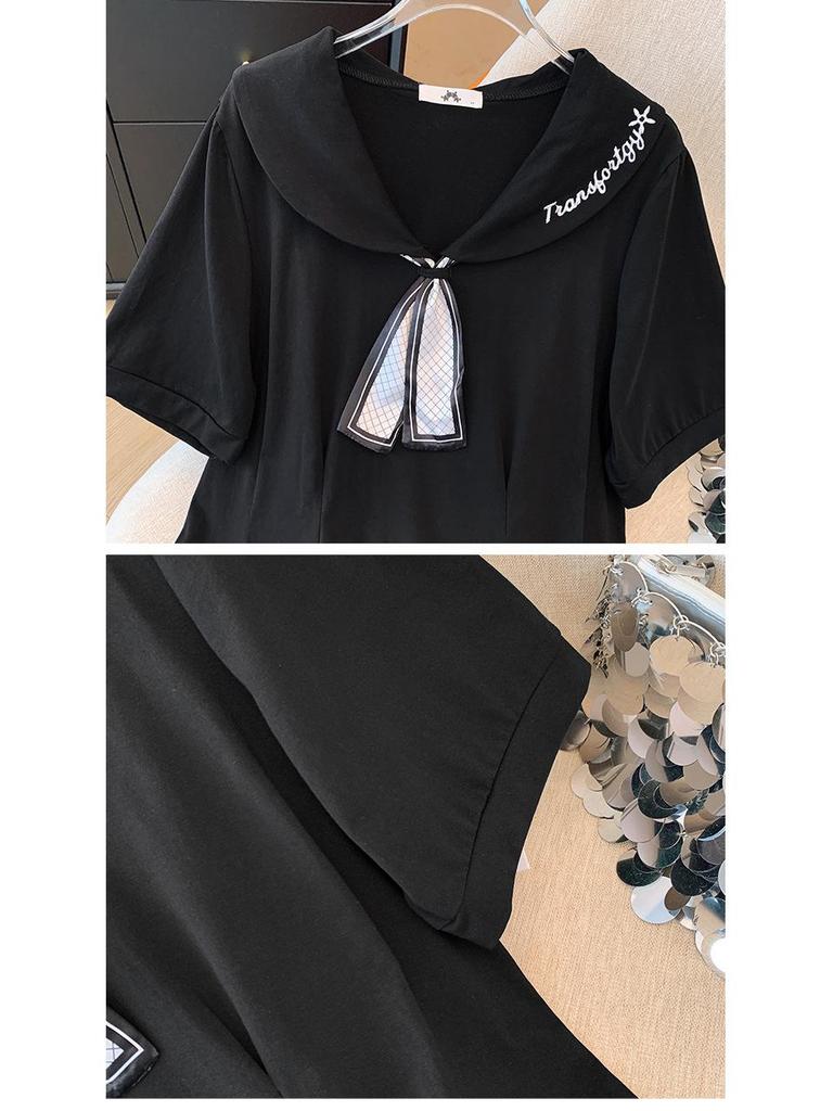 Plus Size Women's Doll Collar Short Sleeve Waist-Cinching Summer Dress - Flattering & Loose Fit