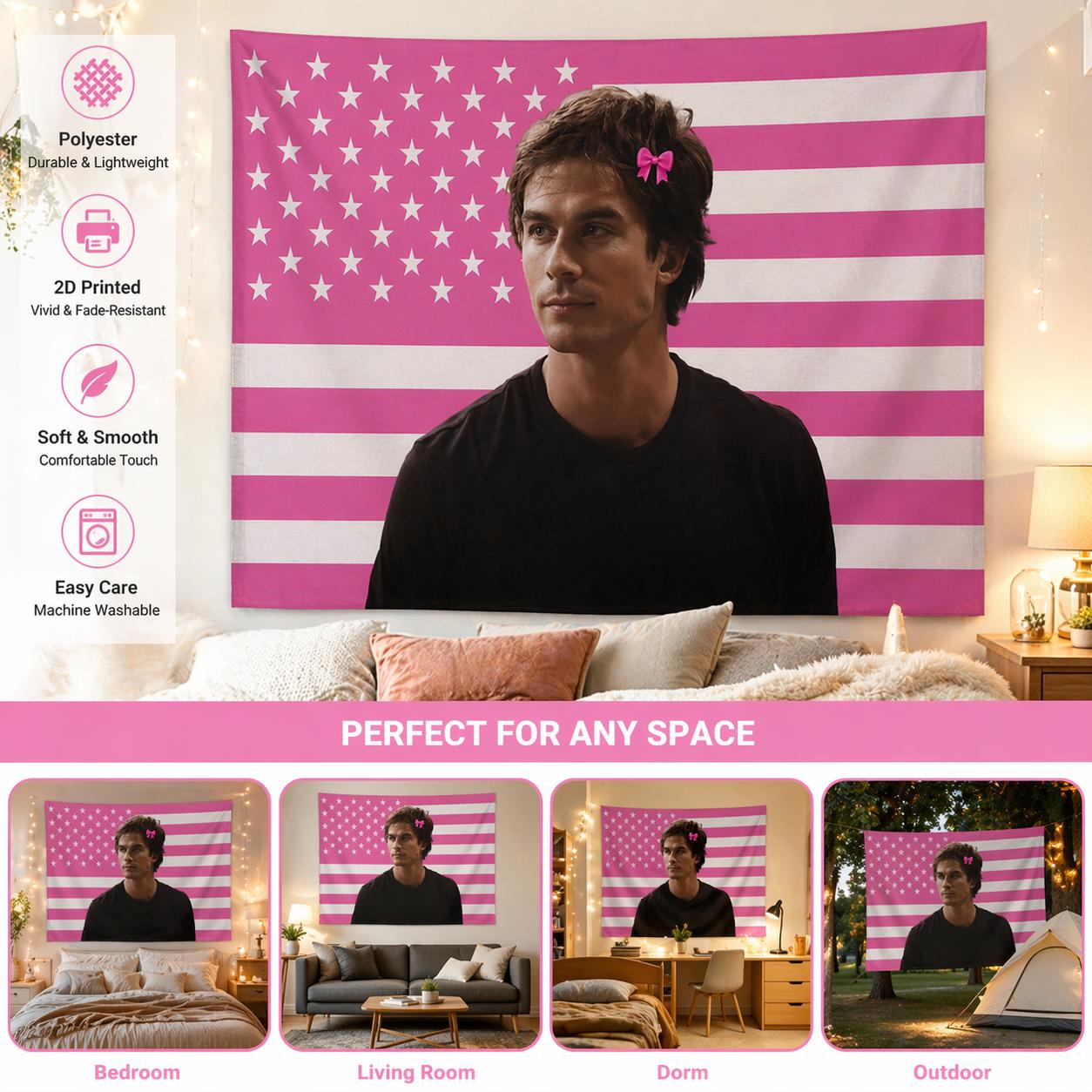 Textilien Unisex Pink Ian S-Somerhalder Bow American Flag Tapestry Aesthetic Wall Hanging For College Dorm Bedroom Room Decor Funny Fan Gift