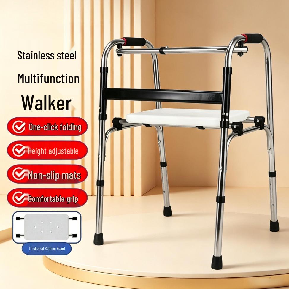 Height-Adjustable Foldable Stainless Steel Walker with Seat for Seniors Single Curve Walker + Leather Seat Plate