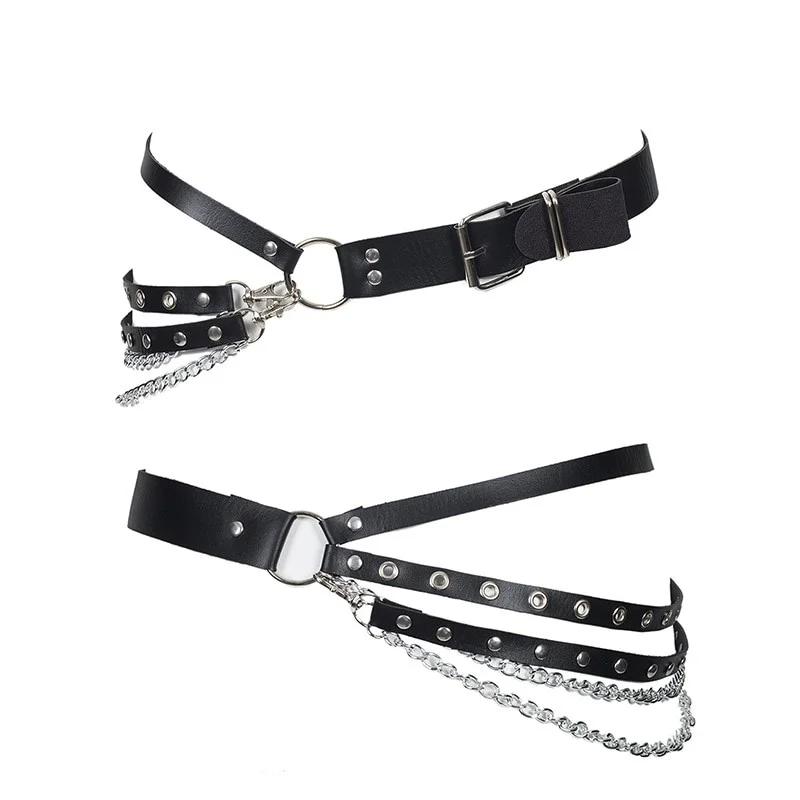 Fashion Women Gothic Punk Waist Belt Chain Metal Circle Ring Design Silver Pin Buckle Leather Black Waistband Jeans Waist Belts.