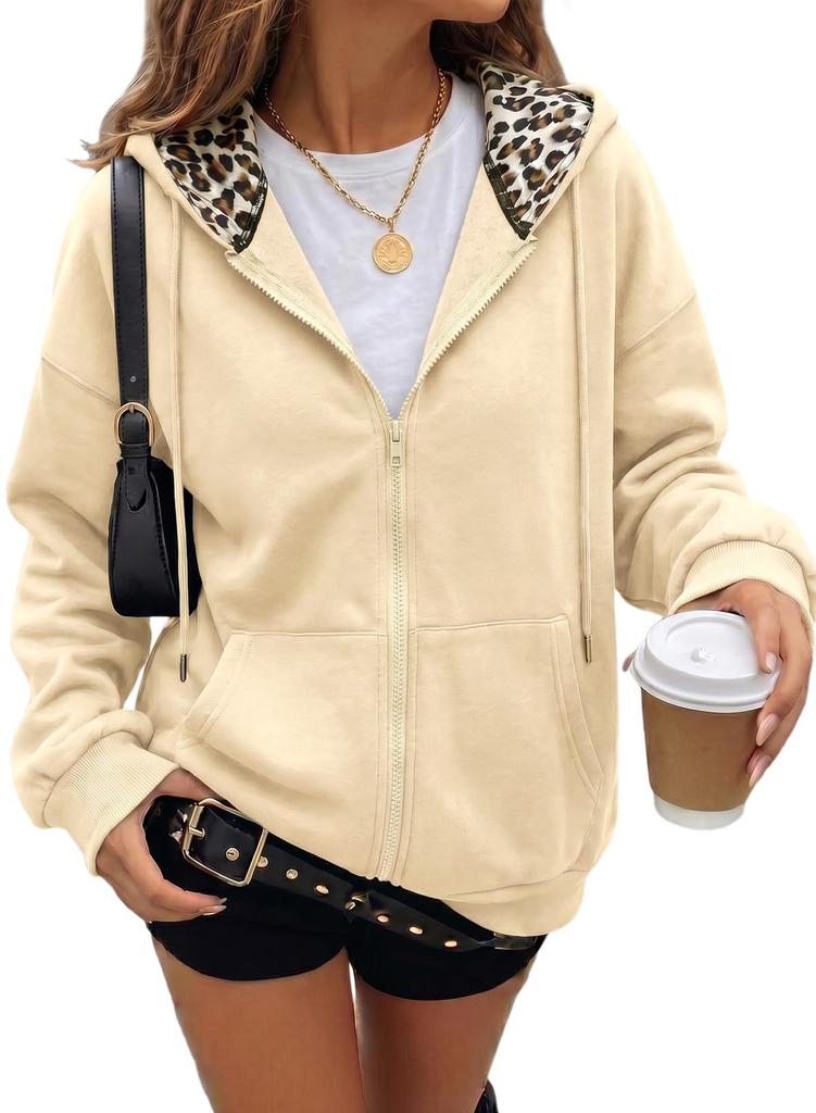 Damen Leopard Print Reißverschluss Hoodie Langarm Fleecegefüttert Lässige Sweatshirtjacke