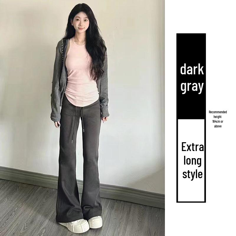 2024 Women's High Waist Gray Sport Flare Pants - Slimming American Style Casual Draping Horseshoe Long Pants
