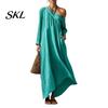 Polyester Dress Women Summer Maxi for Women, Casual Loose One Shoulder Long Sleeve Dress, Flowy Beach Vacation Sundress wwith Pockets Elegant