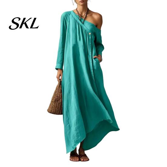 Polyester Dress Women Summer Maxi for Women, Casual Loose One Shoulder Long Sleeve Dress, Flowy Beach Vacation Sundress wwith Pockets Elegant